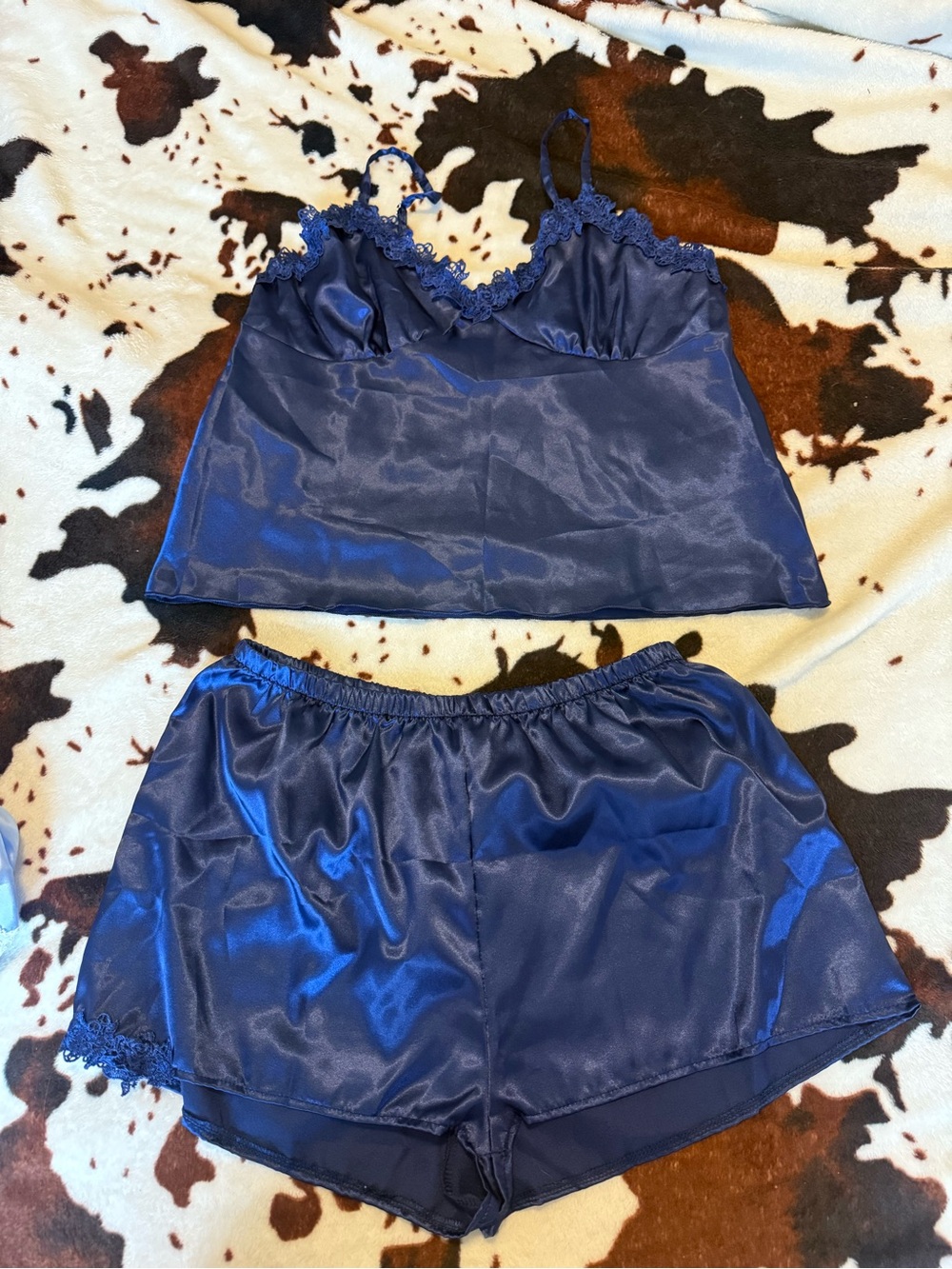 Navy Satin Lace Trim Cami & Shorts Pajama Set